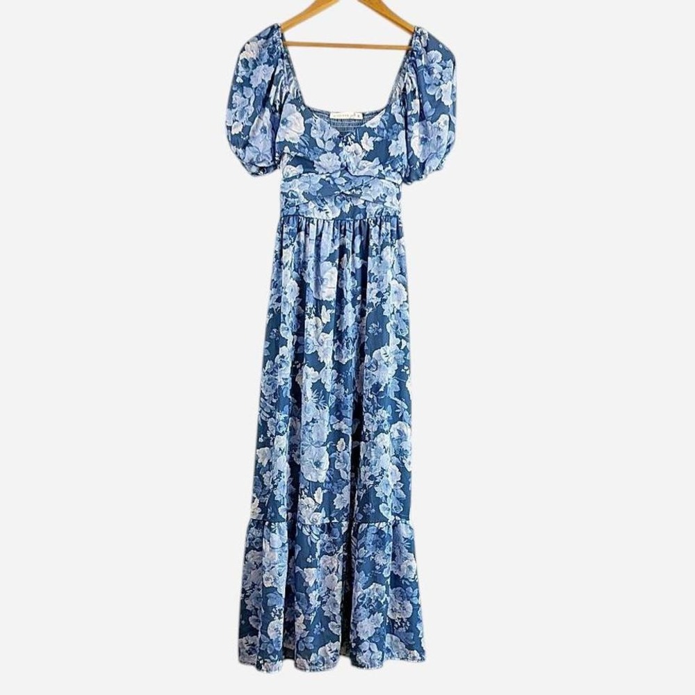 NWT Altar'd State Alora Blue Floral Maxi Dress Romantic Puff Sleeve Tiered XL - Picture 2 of 8